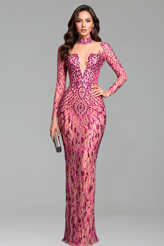 Hot Pink Embellished Illusion Gown