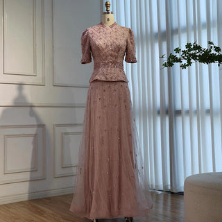 Blush Embellished Peplum Evening Gown