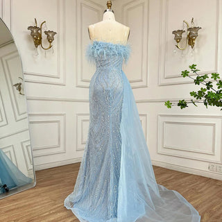 Ships in 2 to 5 Days - 2025 Arabic Blue Strapless Mermaid Evening Gown with Overskirt and Feather Beaded Dress for Women's Party