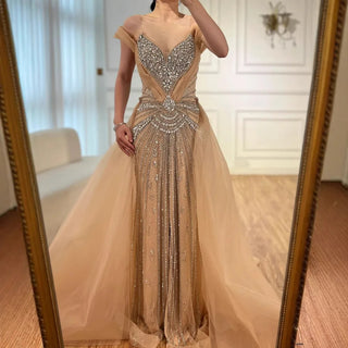 Ships in 2 to 5 Days - Luxury Red Beaded Mermaid Evening Dress – Gown with Overskirt and Thigh-High Slit