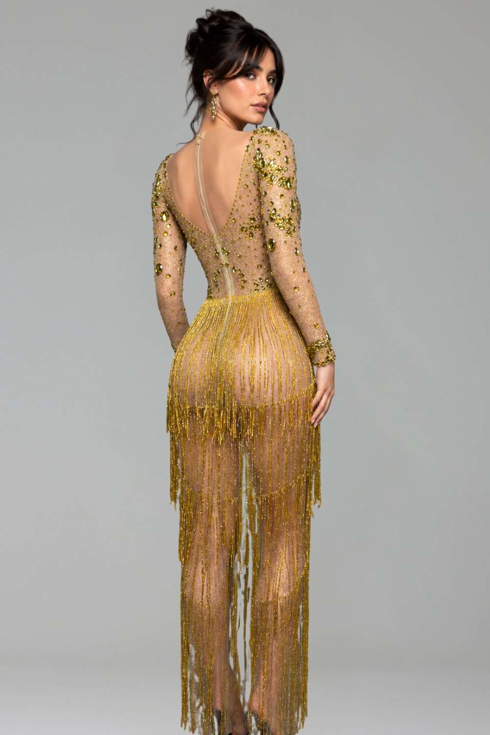 Deep Plunge Crystal Fringe Gown - LAROSABRIDE