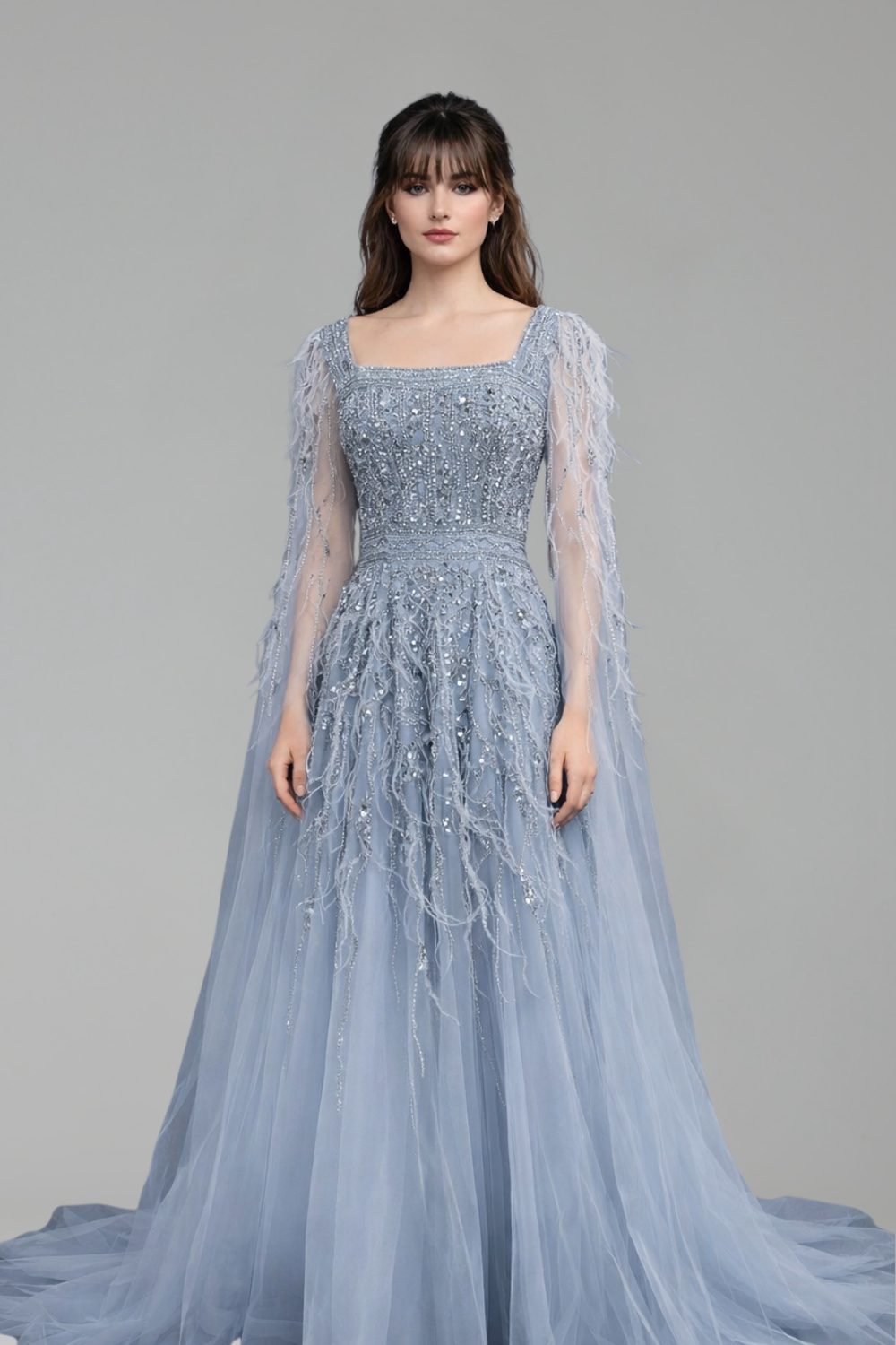 Beaded Feather A-Line Gown - LAROSABRIDE