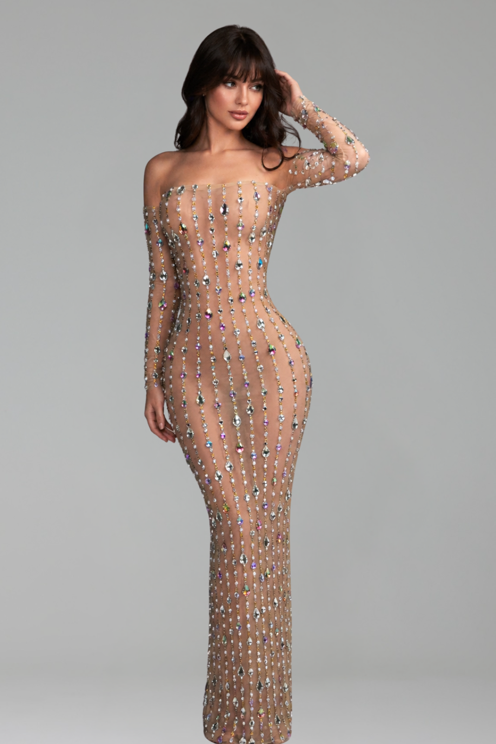 Crystal Strand Off Shoulder Illusion Gown - LAROSABRIDE