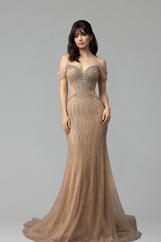 Off-Shoulder Beaded Tulle Mermaid Gown - LAROSABRIDE