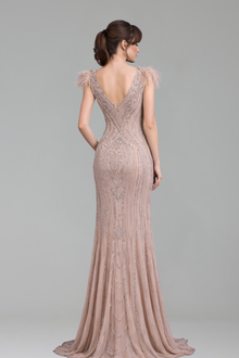 Caramel Beaded Feather Mermaid Dress - LAROSABRIDE