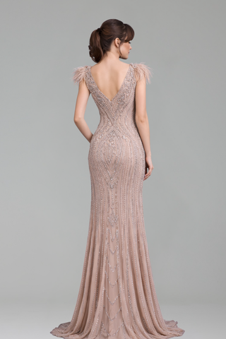 Caramel Beaded Feather Mermaid Dress