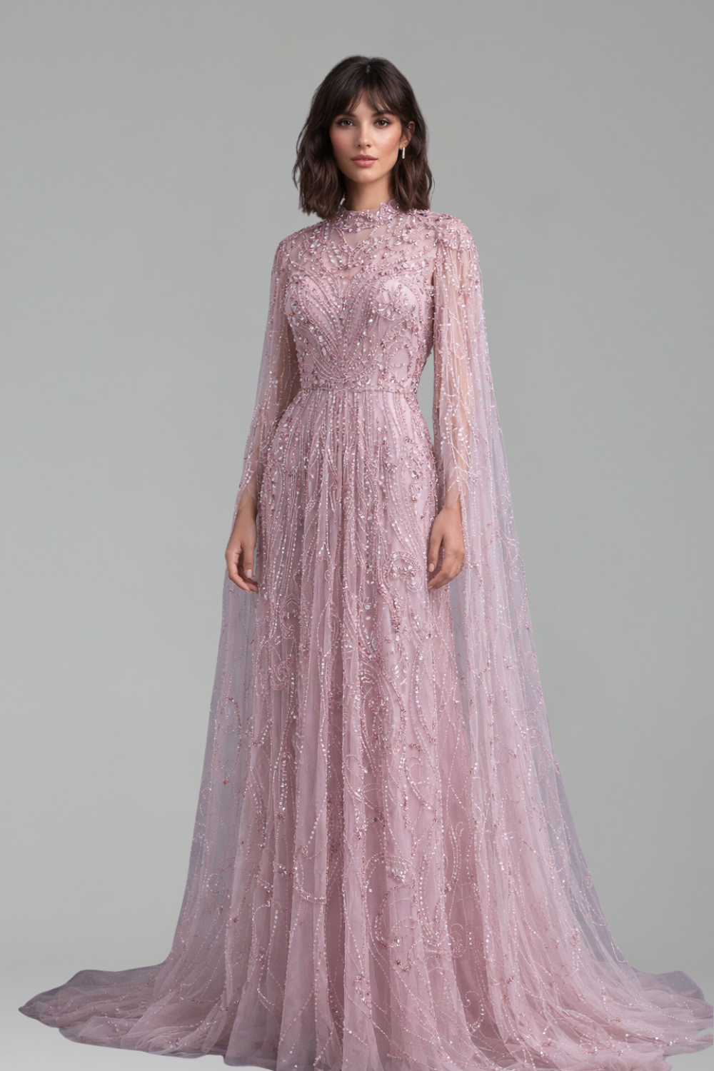Silver Beaded Modest Gown - LAROSABRIDE