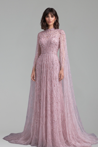 Silver Beaded Modest Gown - LAROSABRIDE
