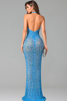 Halter Neck Beaded Fringe Slit Gown - LAROSABRIDE