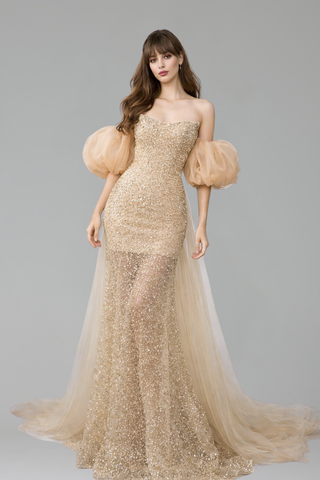 Beaded Evening Dress Puff Sleeves - LAROSABRIDE
