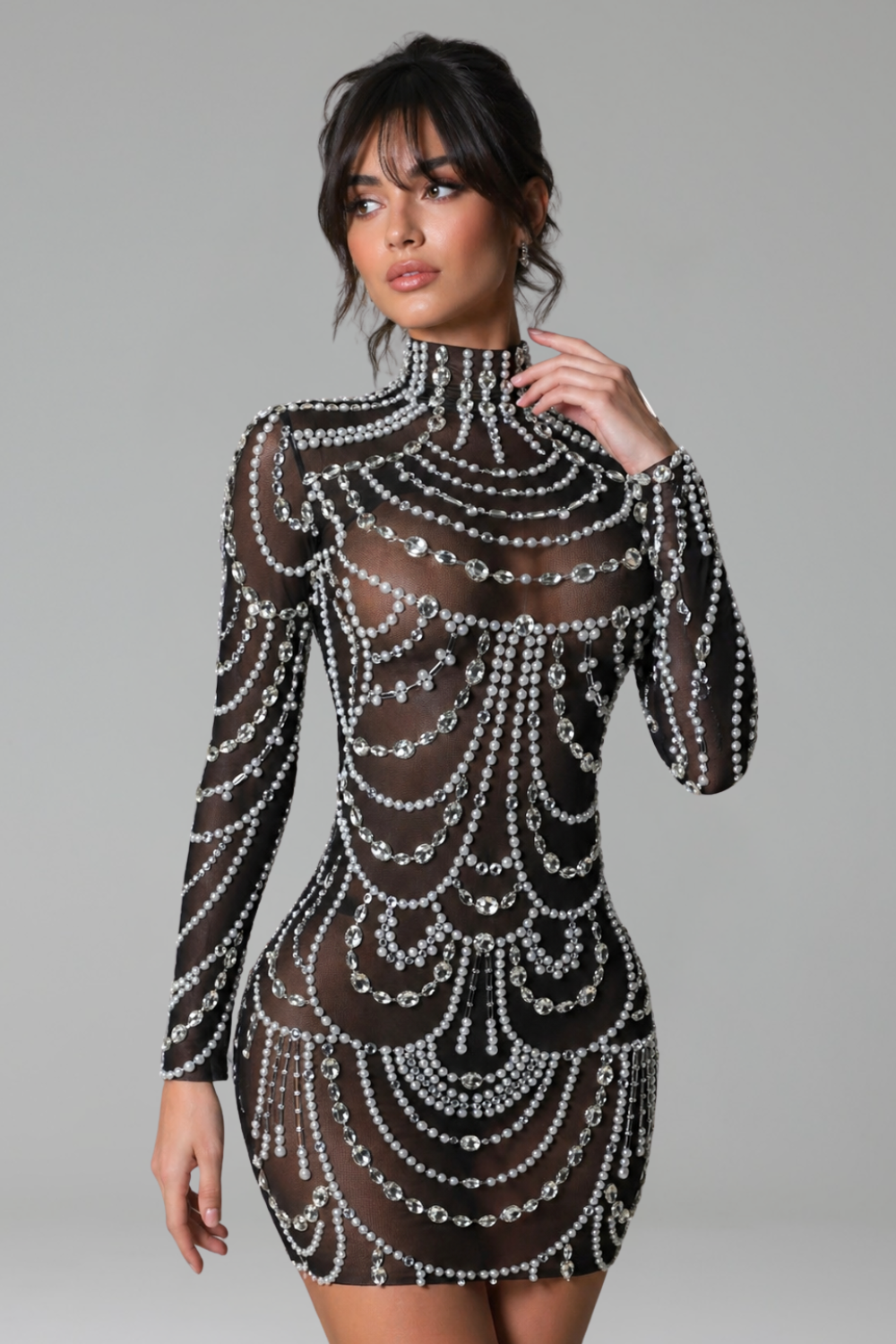 Sheer Crystal Drape High Neck Mini - LAROSABRIDE