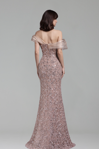 Nude Beaded Off Shoulder Mermaid - LAROSABRIDE