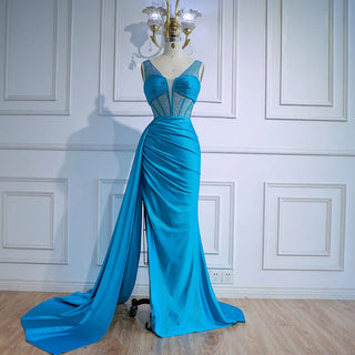 Ships in 2 to 5 Days - Luxury Blue Prom Dress – Spaghetti Strap Evening Gown with Dramatic Side Overskirt.