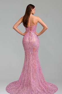 Beaded Illusion Slit Mermaid Gown - LAROSABRIDE