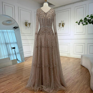 Layered Beaded Mesh Gown