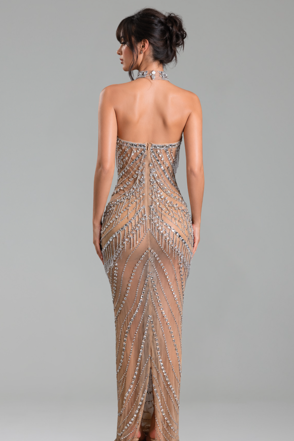 Crystal Chain Illusion Halter Gown - LAROSABRIDE
