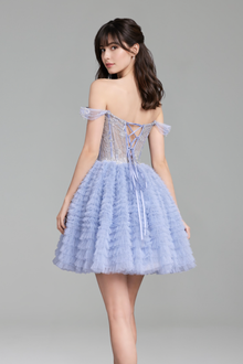 Blue A-Line Off Shoulder Mini Tulle - LAROSABRIDE