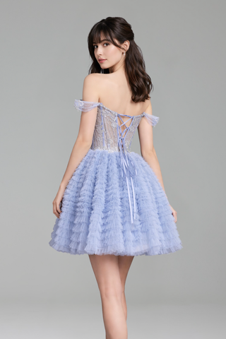 Blue A-Line Off Shoulder Mini Tulle - LAROSABRIDE