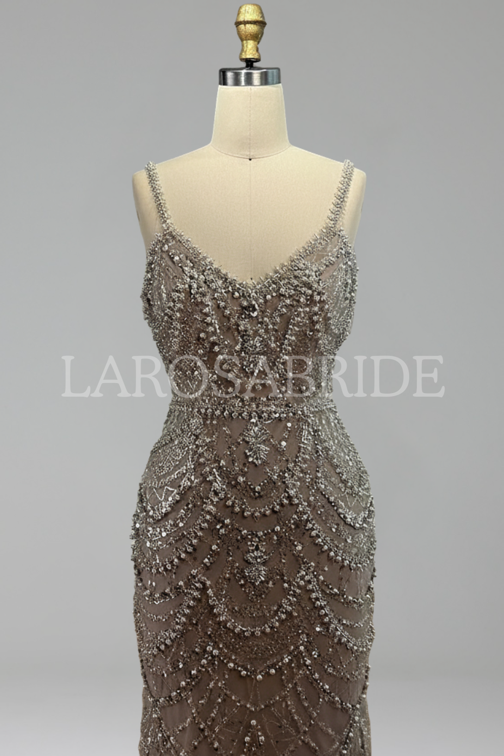 Spaghetti-Strap Pearl-Beaded Dress-Larosabride