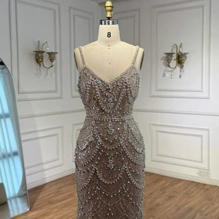 2025 Custom Nude Beaded Mermaid Evening Dress – Pearl Embellished Gown with Spaghetti Straps