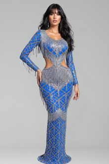 Crystal Fringe Cutout Mesh Gown - LAROSABRIDE