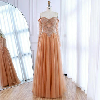 Ships in 2 to 5 Days - Luxury Nude A-Line Off-Shoulder Beaded Evening Dress – Long Sleeve Formal Gown