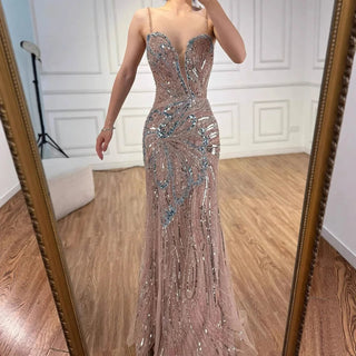 Ships in 2 to 5 Days - Saudi Arabic Spaghetti Strap Mermaid Evening Dress with High Slit for Formal Occasions