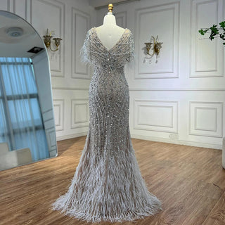 Ships in 2 to 5 Days - Elegant White Nude Beaded Mermaid Evening Gown – 2025 Saudi-Inspired Dress with Feather Details
