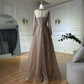 Ships in 2 to 5 Days -2025 Custom Saudi-Inspired Caramel Beaded A-Line Evening Gown – Formal Dress with Sheer Top