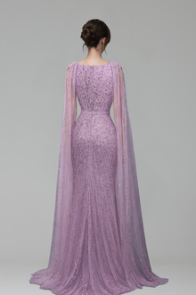 Cape-Sleeve Beaded Mermaid Dress - LAROSABRIDE