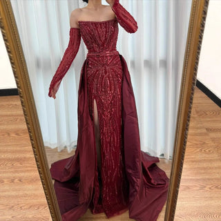 Ships in 2 to 5 Days - Luxury Wine Red Strapless Beaded Evening Gown with Overskirt & Matching Gloves