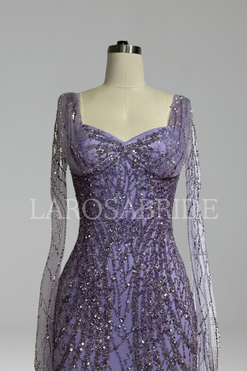 Cape-Sleeve Lace Beaded Mermaid Dress-Larosabride