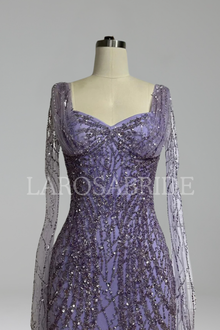 Cape-Sleeve Lace Beaded Mermaid Dress-Larosabride