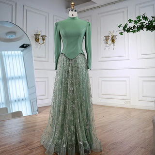Ships in 2 to 5 Days -Elegant Sage Green Muslim Evening Dress – Modest Gown with Beaded Skirt for Wedding Parties
