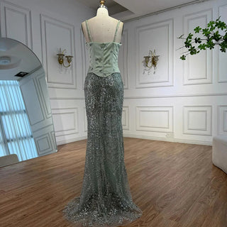 2025 Luxury Sage Green Beaded Evening Gown with Spaghetti Straps – Elegant Formal Occasion Dress
