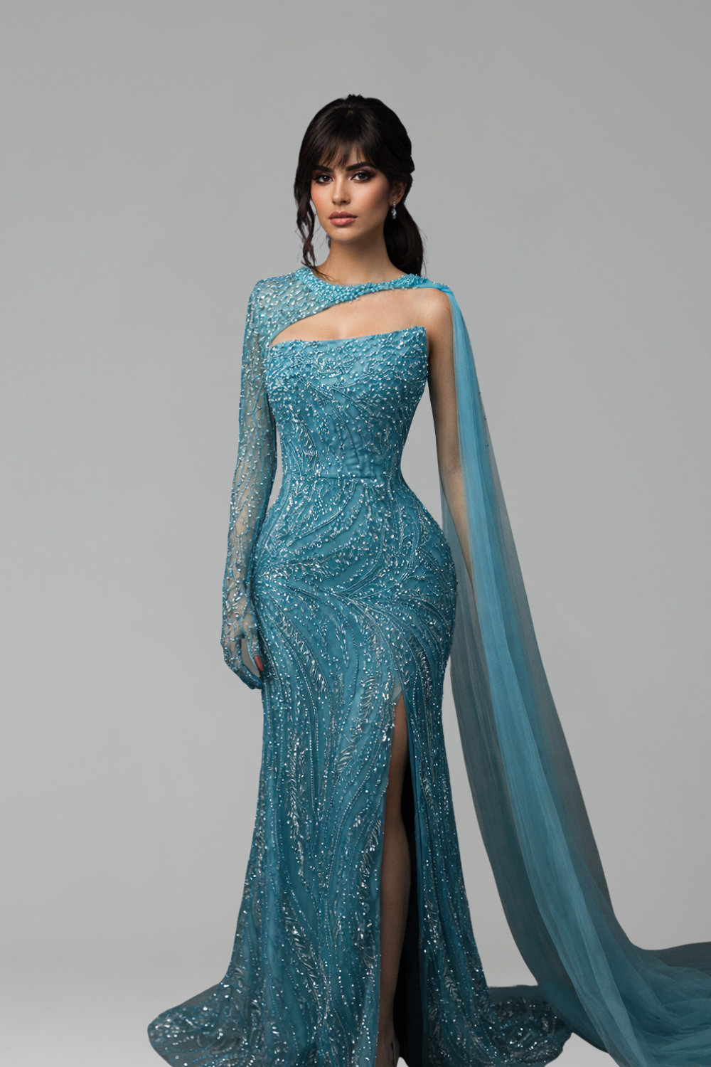 Beaded Mermaid Gown with Cape - LAROSABRIDE