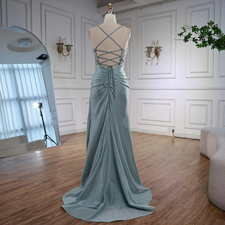 Ships in 2 to 5 Days - Luxury Light Green Satin Prom Dress – Lace Sequin Spaghetti Strap Evening Gown with Slit
