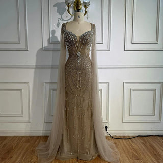 Ships in 2 to 5 Days - Luxury Beige-Pink Beaded Evening Gown – 2025 Formal Dress with Cape Sleeves