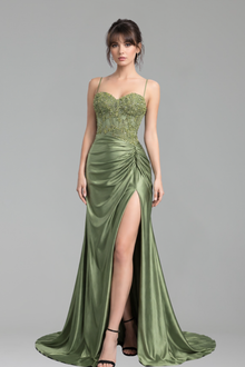 Beaded Satin Slit Evening Dress - LAROSABRIDE