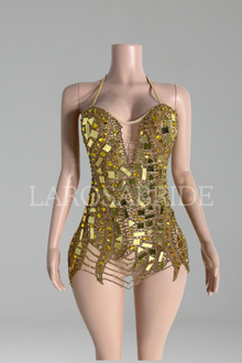 Mirror-Shard Beaded Halter Mini Dress-Larosabride