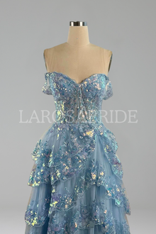 Spaghetti Strap High-Slit Lace A-Line Dress-Larosabride