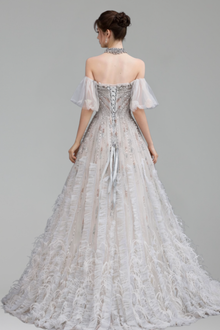 Blue Feather Beaded A Line Dress - LAROSABRIDE