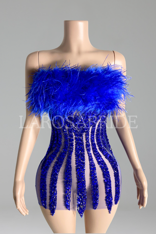 Feather Trim Mirror-Beaded Mini Dress
