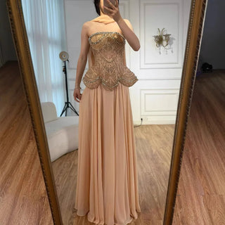 Ships in 2 to 5 Days -Luxury Designer Nude Beaded Chiffon Evening Gown for Women – Elegant Dress for Weddings & Formal Parties
