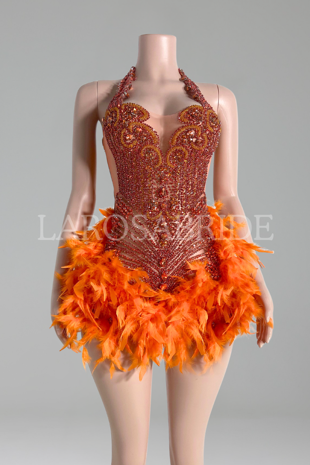 Beaded Halter Feather Mini Dress-Larosabride