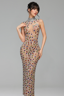 High-Neck Multicolor Crystal Illusion Gown - LAROSABRIDE