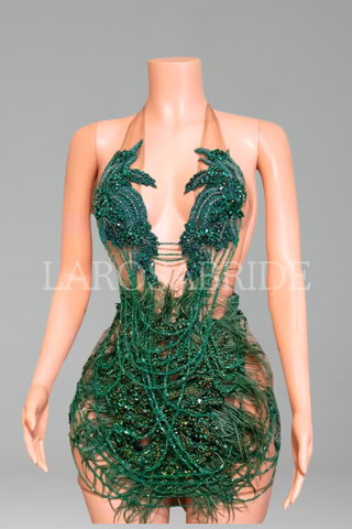 Beaded Feather Halter Mini Dress