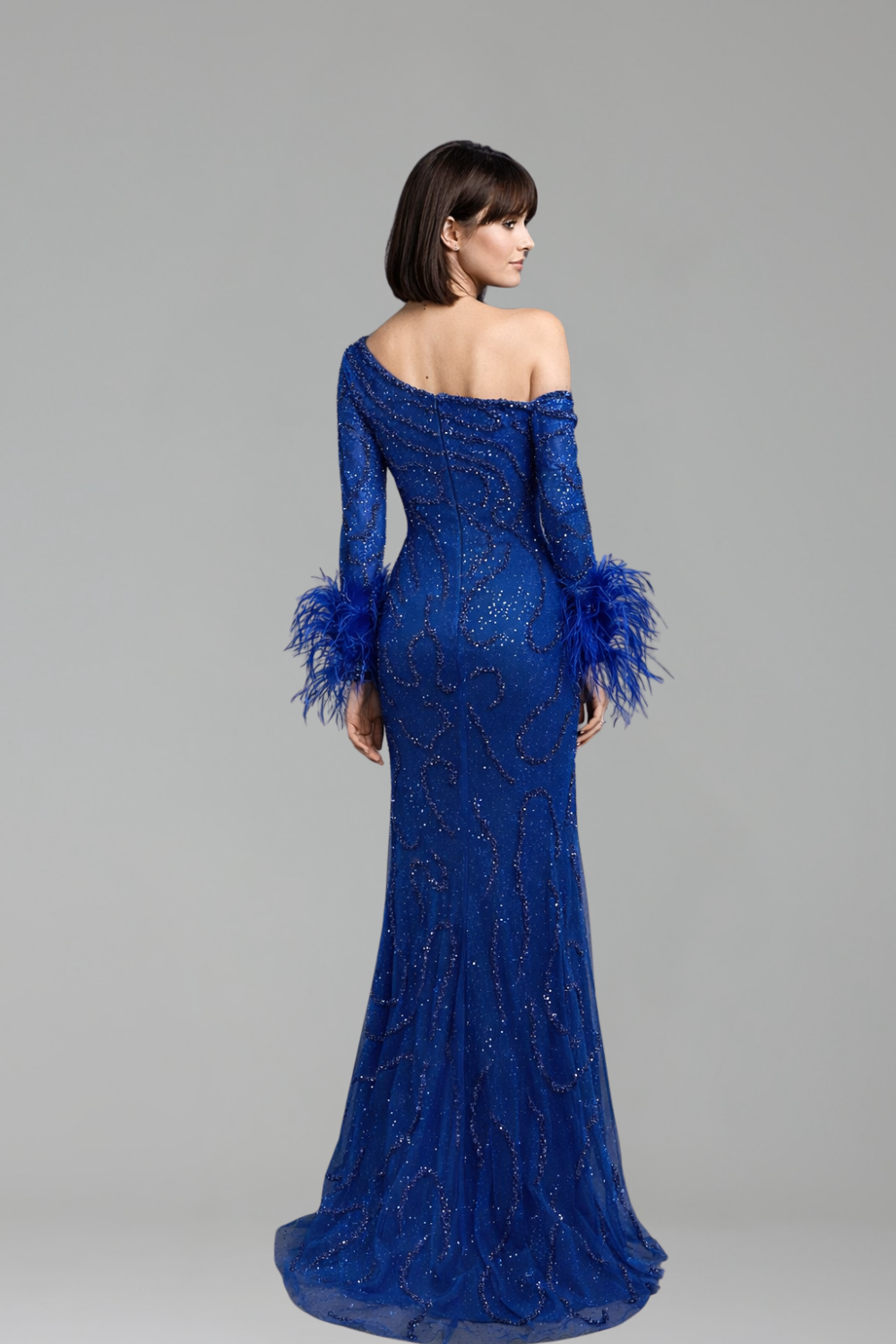 Beaded Feather One Shoulder Dress - LAROSABRIDE