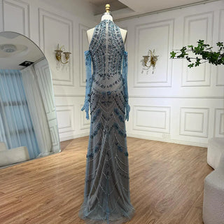 Ships in 2 to 5 Days - 2025 Luxury Blue Arabic Mermaid Evening Gown with High Neck & Crystal Beading – Formal Occasion Dress