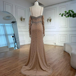 Nude Long Sleeve Beaded Dress